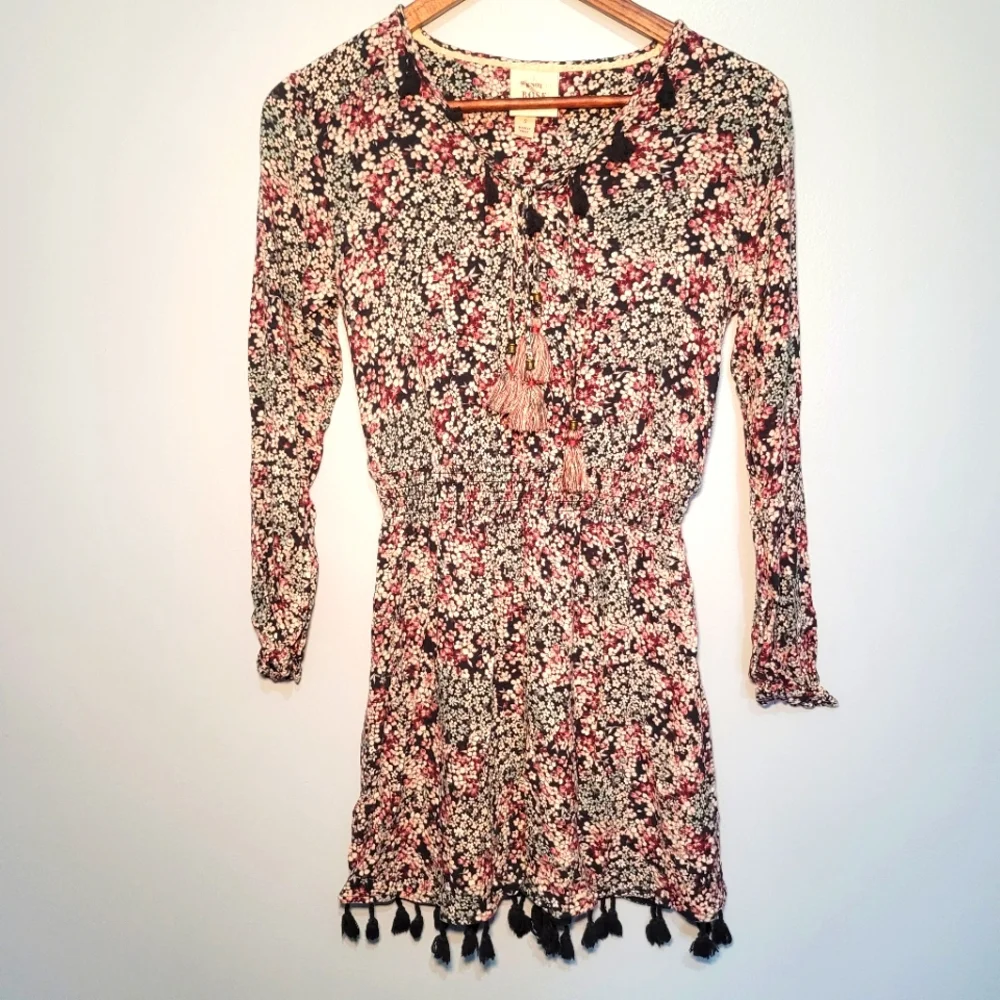 Knox Rose Floral Dress Maroon, Black‎ Juniors Size S Elastic wasit long sleeve